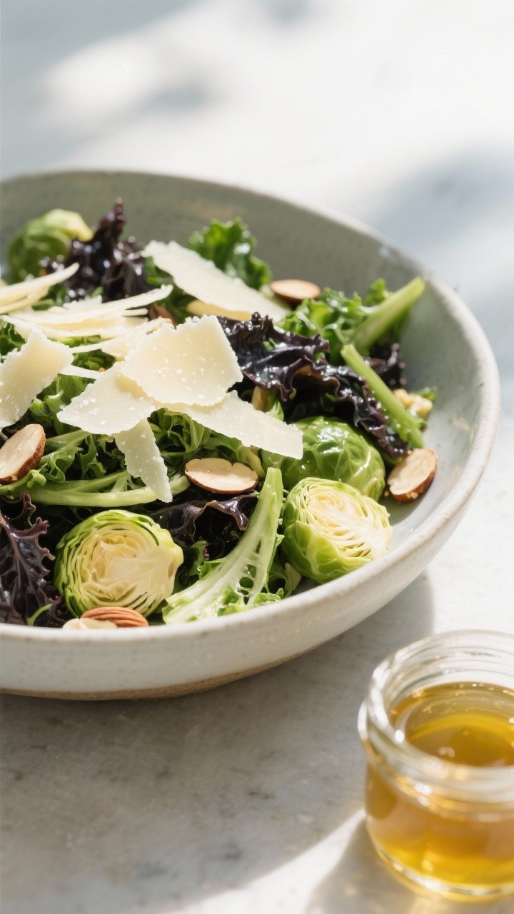 15 Thanksgiving Recipes That Wow Guests (from Appetizers to Pies) 12 A bright, 45-degree bowl shot of shaved Brussels and kale salad: finely sliced Brussels sprouts and dark lacinato kale ribbons tossed with toasted sliced almonds; wide shavings of pecorino Romano cascading over the top; a small jar of cider vinaigrette just off to the side; crisp textures and vibrant greens highlighted by natural daylight.