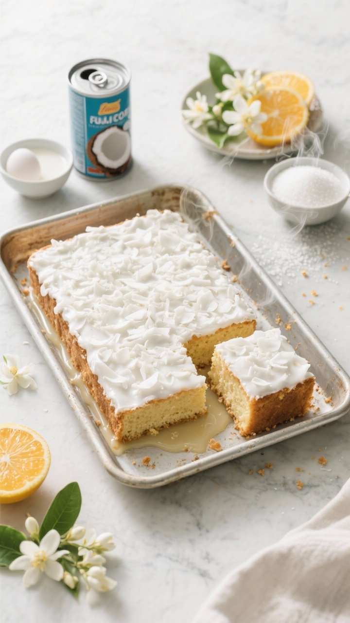 8 White Cakes With Flowers That Taste Like a Spring Garden Party 3 A bright, straight-on sheet pan scene featuring coconut jasmine sheet cake cooling in its pan, snowy coconut-flake top with a glossy jasmine-scented glaze pooling at the edges. Ingredients in frame: a can of full-fat coconut milk, a small bowl of egg whites, granulated sugar, and a dish of citrus blossoms ready to garnish. Subtle steam rising, crumbs visible where one square has been lifted to reveal a tender, moist interior. Light tropical styling with citrus leaves and blossoms scattered on a pale stone surface.