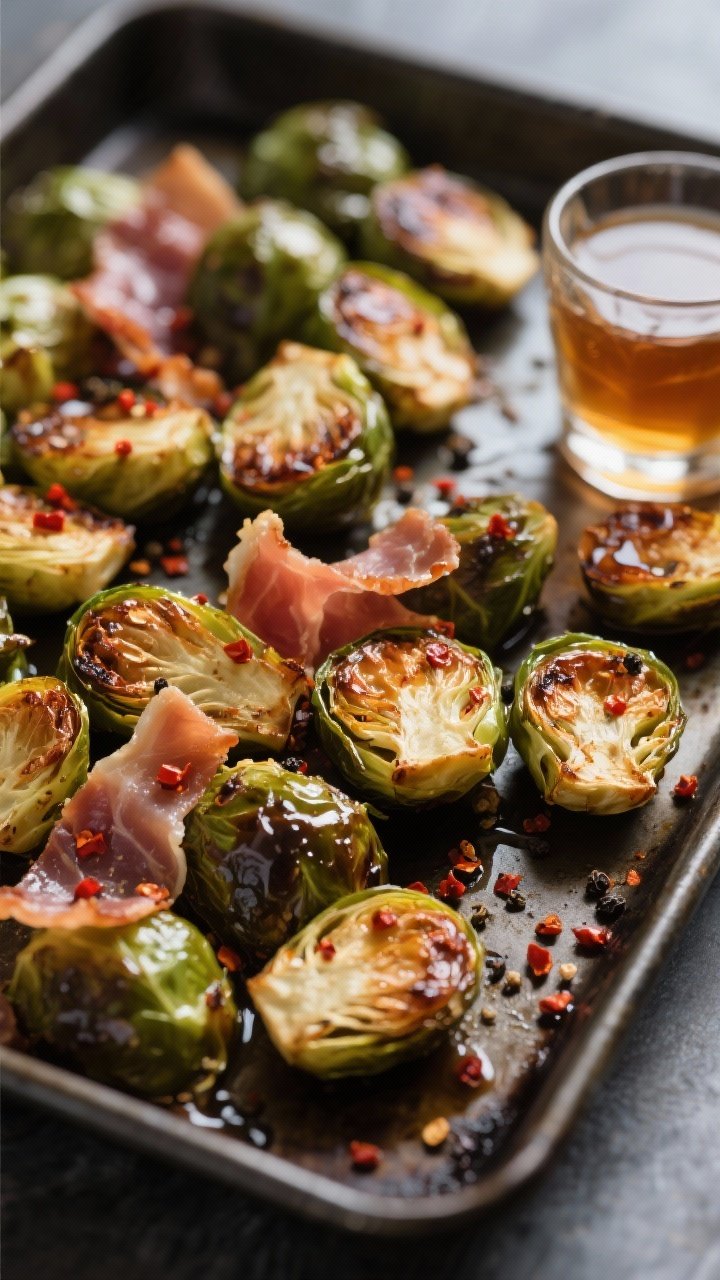 15 Thanksgiving Recipes That Wow Guests (from Appetizers to Pies) 3 A close-up, straight-on shot of maple-chile roasted Brussels sprouts, halved sprouts with caramelized edges and glossy maple syrup sheen, red pepper flakes and cracked black pepper speckled throughout, shards of crispy prosciutto tucked in; a drizzle of apple cider vinegar in a tiny glass nearby; shot on a dark sheet pan to highlight char and texture.