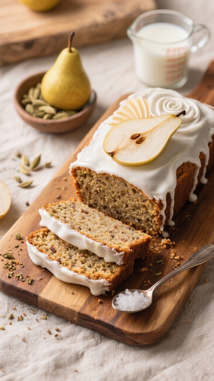 8 White Cakes With Flowers That Taste Like a Spring Garden Party 8 A cozy straight-on shot of a cardamom pear loaf on a wooden board, one thick slice leaning forward to show moist crumb speckled with ground cardamom. The loaf is finished with a glossy white rose icing that gently drips down the sides, garnished with thin fan-sliced pear on top. Nearby: a small bowl of cardamom, measuring cup with whole milk, and a spoon with fine sea salt. Warm, autumnal light, soft neutral linens, inviting bakery atmosphere.