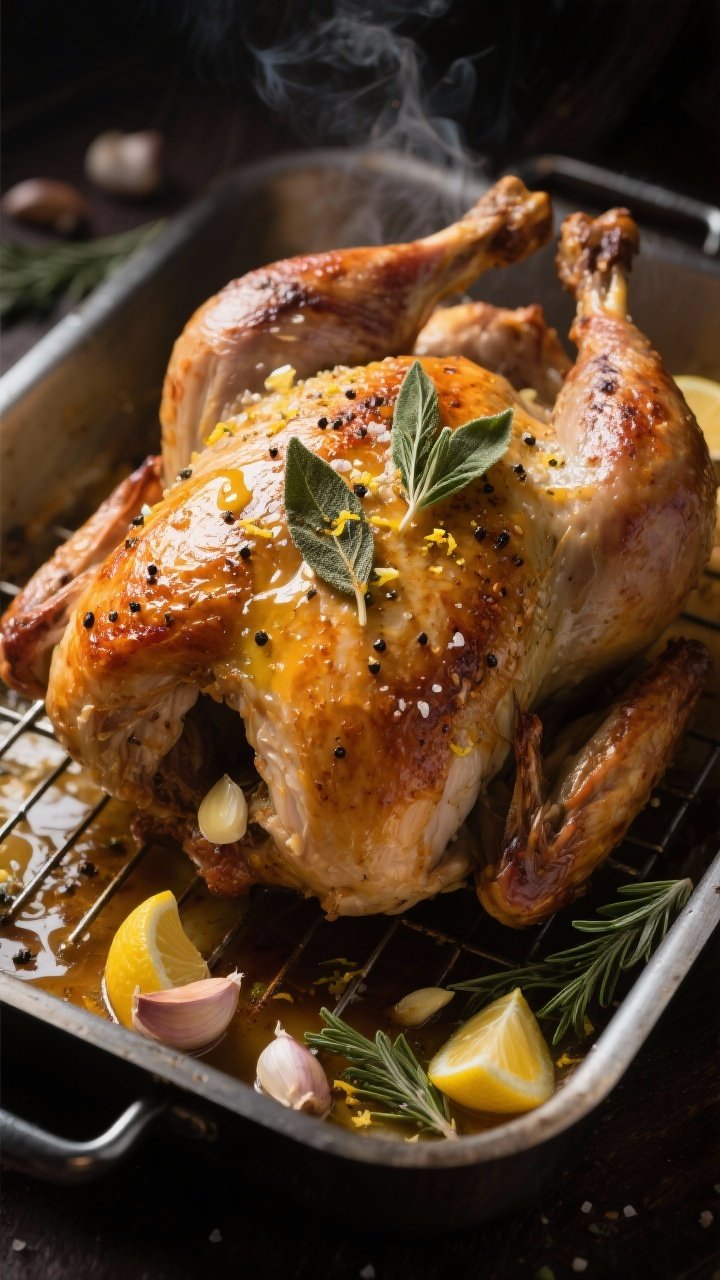 15 Thanksgiving Recipes That Wow Guests (from Appetizers to Pies) 1 A dramatic 45-degree roast-pan shot of a whole 12–14 lb turkey just out of the oven, skin blistered and golden from crispy sage butter, flecks of kosher salt, black pepper, and lemon zest visible on the lacquered surface; brushed with melted butter and minced garlic, whole sage leaves crisped on top; resting on a rack with pan juices, lemon halves, garlic cloves, and fresh sage scattered around; warm, moody lighting emphasizing juicy texture and steam.