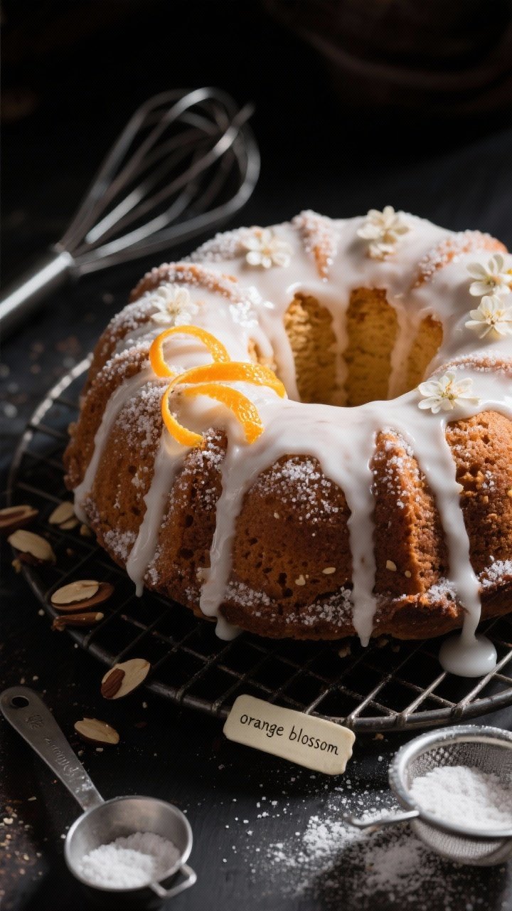 8 White Cakes With Flowers That Taste Like a Spring Garden Party 4 A dramatic close-up of an almond orange blossom bundt cake on a cooling rack, thick snowy glaze cascading down the ridges, catching highlights. Texture emphasis: fine crumb from all-purpose and almond flour, toasted almond flecks, sugar sparkle. Garnish hints: twisted thin ribbons of orange zest and a small dish labeled “orange blossom” nearby. Low, moody side light enhances the curves of the bundt; background includes a whisk, measuring spoons, and sifted baking powder dusting for a refined artisan bakery feel.