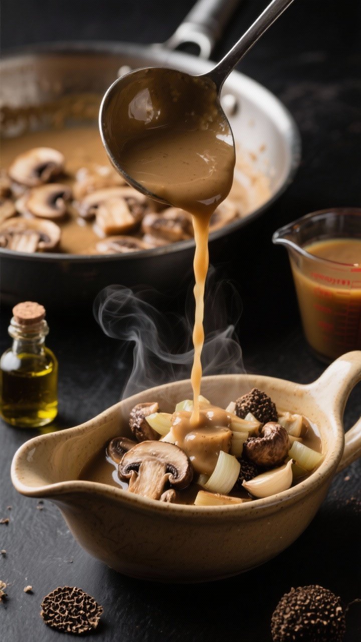 15 Thanksgiving Recipes That Wow Guests (from Appetizers to Pies) 10 A moody, straight-on pour shot of truffle mushroom gravy: silky, glossy gravy cascading from a small ladle into a warm ceramic gravy boat; fine dice of cremini mushrooms, shallot, and garlic visible; steam rising; background shows a saucepan with roux-coated mushrooms and a measuring cup of turkey drippings/stock; truffle aroma implied by a small truffle oil vial.