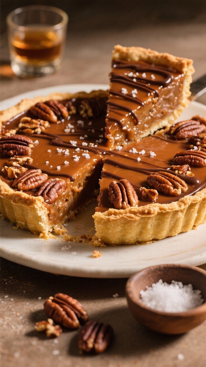 15 Thanksgiving Recipes That Wow Guests (from Appetizers to Pies) 14 A polished 45-degree dessert portrait of bourbon pecan pie: glossy pecan-studded surface set in a golden crust, a delicate salted chocolate drizzle laced across the top; slice removed to reveal gooey interior; a small glass of bourbon and a pinch bowl of flaky salt nearby; warm, inviting light emphasizing caramel tones.