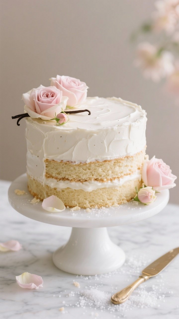 8 White Cakes With Flowers That Taste Like a Spring Garden Party 1 A romantic 45-degree angle shot of a vanilla bean rose layer cake on a white pedestal, three tender white cake layers filled with whole milk and sour cream crumb, frosted in silky vanilla bean buttercream, adorned with fresh pale pink and ivory rose petals and tiny rosebuds, delicate crumbs on the marble surface. Visible texture: fine crumb from cake flour, moist sheen from sour cream, subtle vanilla bean specks. Soft morning light, garden-wedding vibe, minimal props: gold cake knife, scattered granulated sugar crystals like dew, muted pastel backdrop.