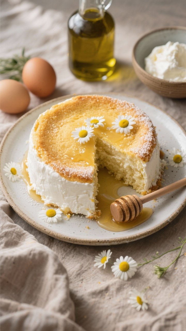 8 White Cakes With Flowers That Taste Like a Spring Garden Party 6 A rustic 45-degree angle shot of a ricotta olive oil white cake on a simple ceramic plate, golden top lightly dusted with sugar, slice removed to reveal custardy, tender crumb from whole-milk ricotta and olive oil. Drizzle of warm honey and a scatter of fresh chamomile flowers over the surface, with a honey dipper resting nearby. Ingredients tucked into the frame: bottle of olive oil, a bowl of ricotta, and eggs. Natural afternoon light, earthy linens, calm Mediterranean mood.