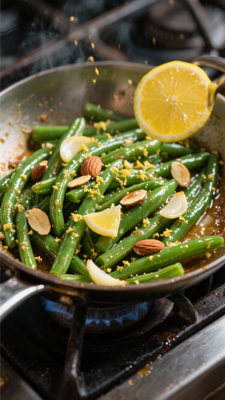 15 Thanksgiving Recipes That Wow Guests (from Appetizers to Pies) 6 A sizzling stovetop, 45-degree process shot of green bean almondine: vibrant green beans tossed in lemon brown butter with thinly sliced garlic and toasted sliced almonds; micro beads of butter clinging to the beans, lemon zest scattered, a squeeze of lemon juice captured mid-gloss on the beans; shot in a stainless skillet with warm directional light.