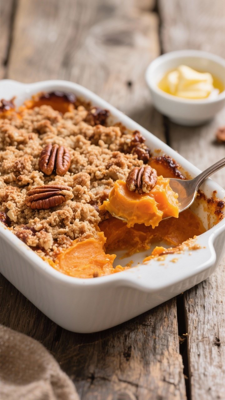 15 Thanksgiving Recipes That Wow Guests (from Appetizers to Pies) 7 A straight-on casserole reveal of sweet potato casserole with pecan streusel: velvety orange sweet potato base peeking beneath a craggy pecan-brown sugar topping with hints of cinnamon and vanilla; edges caramelized; a spoonful lifted to show creamy interior; served in a white baking dish on a rustic wood table with a small bowl of melted butter nearby.