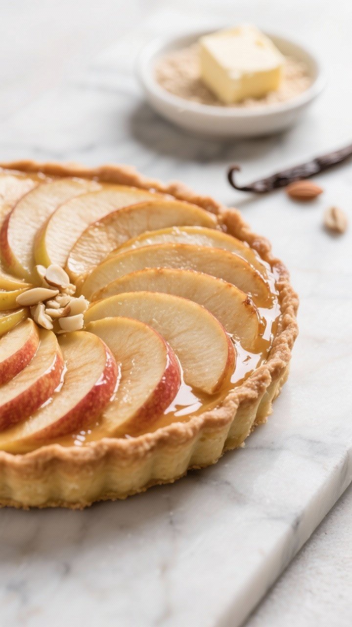 A straight-on close-up of a French-style apple tart with almond frangipane: thinly shingled apple slices glossed and lightly caramelized atop a buttery tart shell, frangipane peeking at the edges. A small dish of almond flour and a pat of softened butter in the background, vanilla pod alongside. Minimalist styling on a marble slab, elegant patisserie mood.