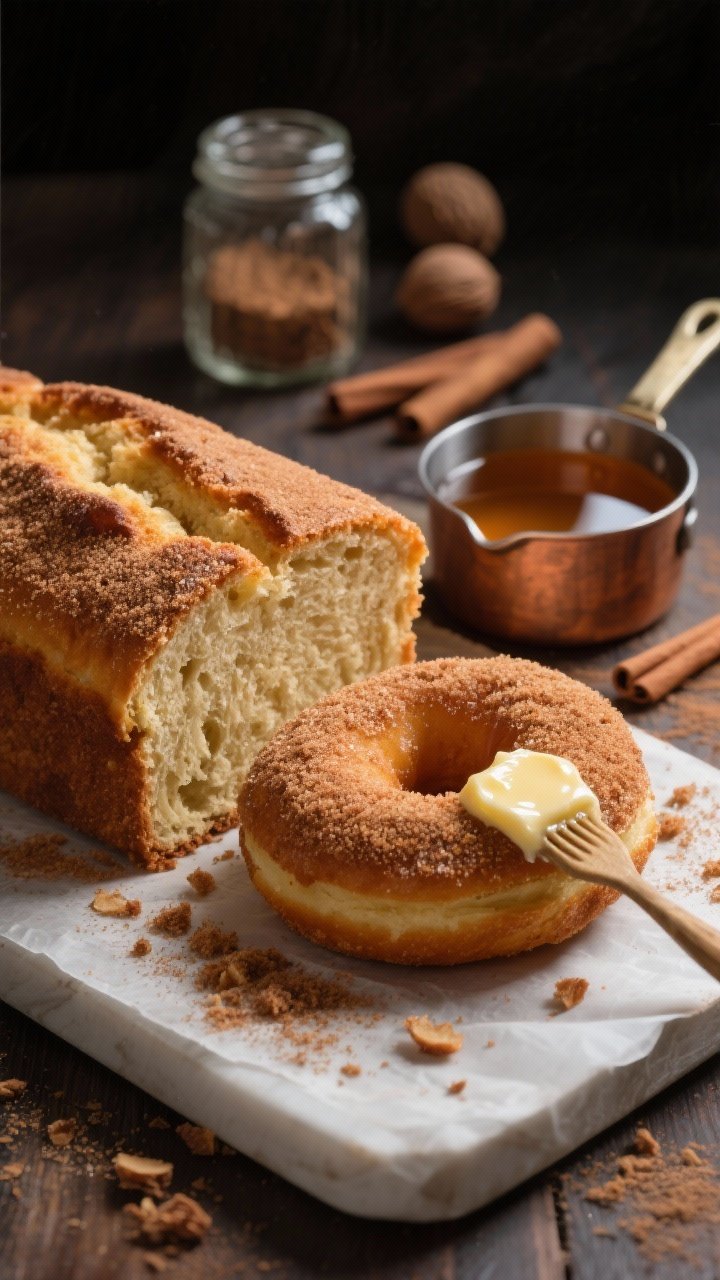 A straight-on close-up of apple cider donut bread loaf sliced to reveal a tender crumb, coated in cinnamon-sugar like a cider donut. A small saucepan of reduced apple cider beside it, and spice jars of cinnamon and nutmeg in the background. Melted butter brush glistening on the crust, crumbs on a parchment-lined board, warm, moody bakery lighting.