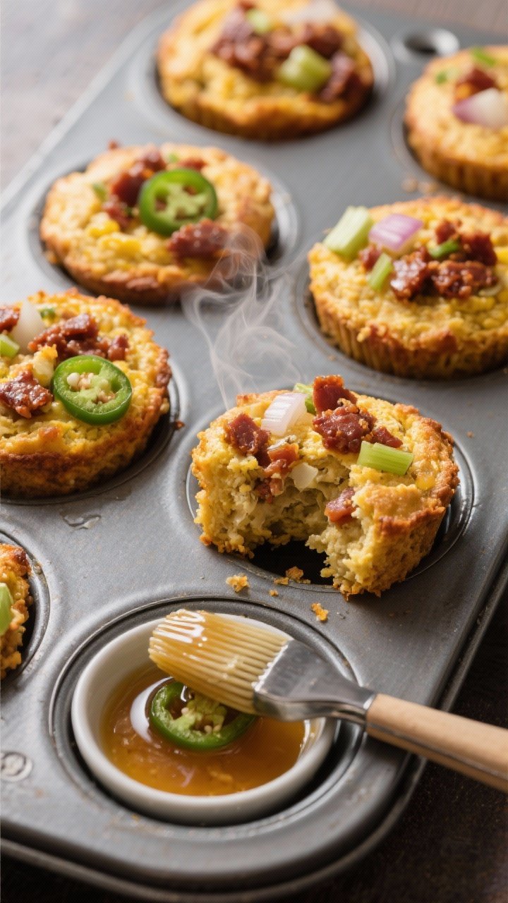 15 Thanksgiving Recipes That Wow Guests (from Appetizers to Pies) 13 A straight-on muffin tin shot of cornbread and chorizo stuffing muffins, tops crisp and golden with browned chorizo crumbles peeking through; flecks of onion, celery, and jalapeño visible; a small dish of glossy jalapeño honey ready to drizzle, with a pastry brush glistening; one muffin torn open to show steamy, moist interior.