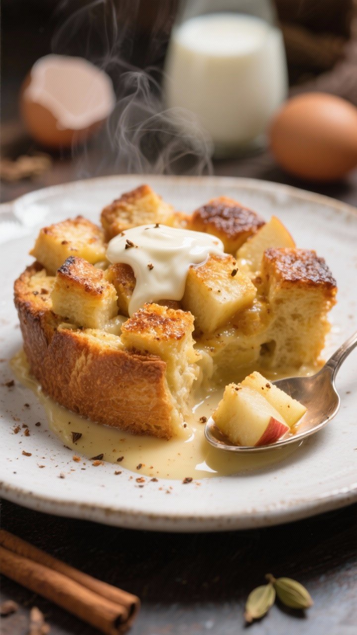 A straight-on plated presentation of chai-spiced apple bread pudding in a ceramic dish: golden, custardy brioche cubes and diced apples puffed and caramelized at the top. A drizzle of silky vanilla cream pooling around a spooned-out portion, with visible chai spice flecks (cinnamon, cardamom vibe). Eggs, milk, and cream in the blurred background, soft cozy lighting with steam.