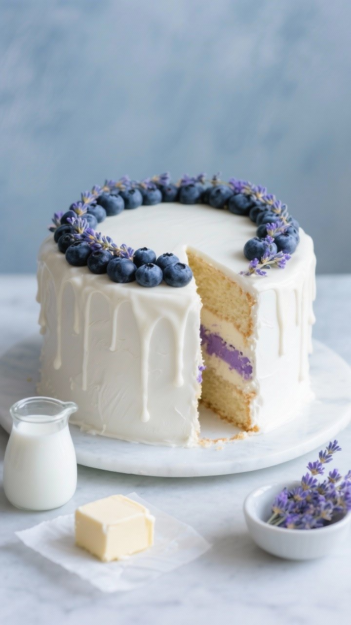 8 White Cakes With Flowers That Taste Like a Spring Garden Party 5 A straight-on portrait of a white chocolate lavender drip cake, pristine white sides with glossy white chocolate drip, crowned with a wreath of plump blueberries and a whisper of culinary lavender buds. Subtle purple-tinted buttercream layers made from cake flour and egg whites peek in a cut slice on a plate beside it. Props: a small jug of whole milk, softened butter on parchment, and a tiny bowl of lavender. Cool, airy lighting with a soft blue-gray backdrop to echo the blueberry tones, ultra-clean, modern styling.