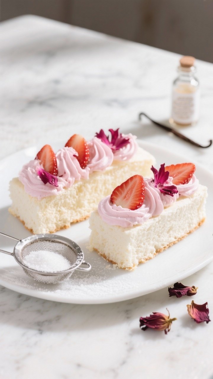 8 White Cakes With Flowers That Taste Like a Spring Garden Party 7 An ethereal overhead plating of angel food cake slices, cloud-light and airy from whipped egg whites and cream of tartar, topped with softly whipped hibiscus cream tinged blush-pink and glossy sliced strawberries. A small sieve with a dusting of the remaining granulated sugar, vanilla bottle off to the side, and a few dried hibiscus petals scattered for color. Bright, high-key lighting on a white marble, crisp and delicate styling.