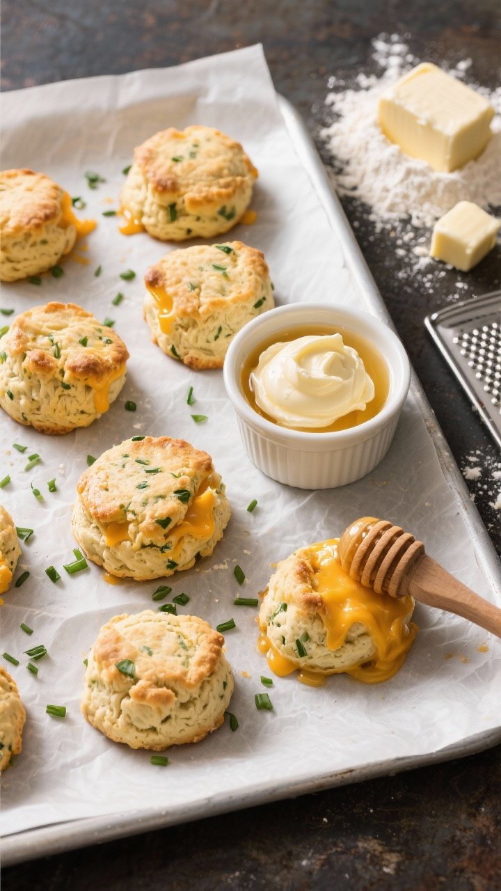 15 Thanksgiving Recipes That Wow Guests (from Appetizers to Pies) 8 An overhead bakery-style scene of cheddar-chive drop biscuits on a parchment-lined sheet: craggy tops with golden edges, cheddar pockets melted and oozing, green chive flecks visible; a ramekin of softened honey butter with a drizzle of honey and a pastry brush to the side; flour dusting, butter cubes, and a box grater subtly included.