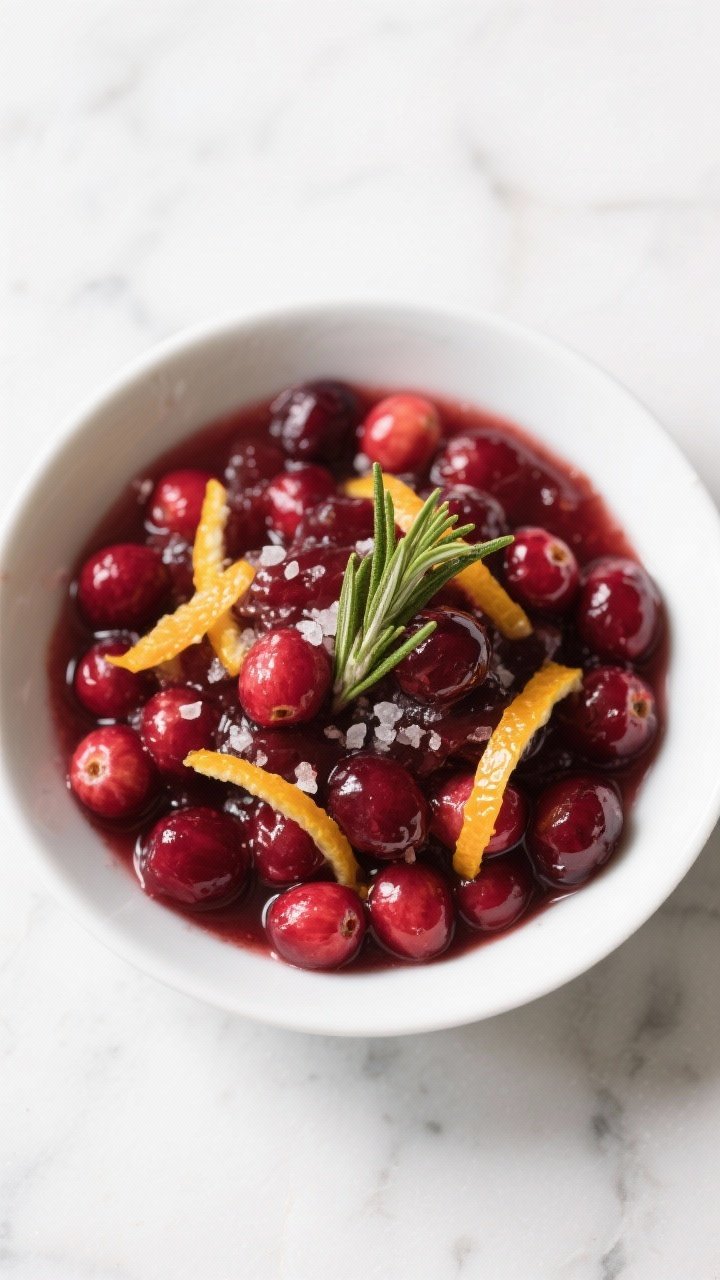 15 Thanksgiving Recipes That Wow Guests (from Appetizers to Pies) 5 An overhead, bright shot of herby citrus cranberry sauce in a low white bowl: glistening cranberries with a balanced sheen from sugar and maple syrup, threads of orange and lemon zest visible, a small rosemary sprig steeped in the sauce, and a pinch of salt to brighten; garnished with thin citrus twists; minimal, clean styling on a cool marble surface.
