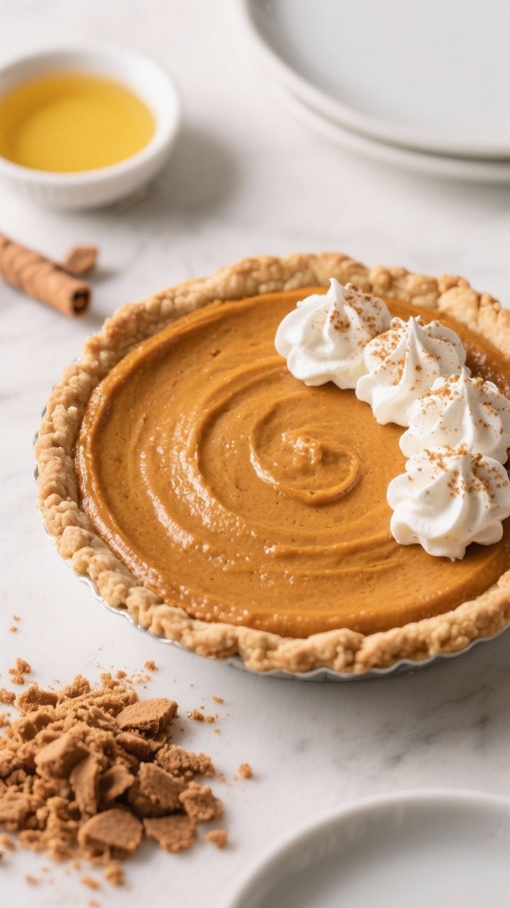 15 Thanksgiving Recipes That Wow Guests (from Appetizers to Pies) 15 An overhead, clean-styled shot of silky pumpkin pie with ginger cookie crust: smooth, velvety pumpkin filling with a slight sheen, set in a crimped gingersnap crust; subtle brown sugar warmth; garnished with softly whipped cream quenelles and a dusting of ground ginger; a pile of crushed gingersnap crumbs and melted butter dish in the background for context.