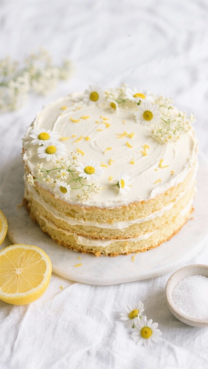 8 White Cakes With Flowers That Taste Like a Spring Garden Party 2 An overhead flat lay of a lemon elderflower naked cake with tiny daisies, semi-exposed layers showing lemony sponge made with cake flour, softened butter, and buttermilk notes, a thin swipe of frosting between layers, fresh lemon zest sprinkled on top. Garnish: edible miniature daisies and a light elderflower syrup soak brushed on the layers, a few lemon slices and a small bowl of granulated sugar and baking powder off to the side. Clean bright styling on a white linen with a zesty, springtime mood.