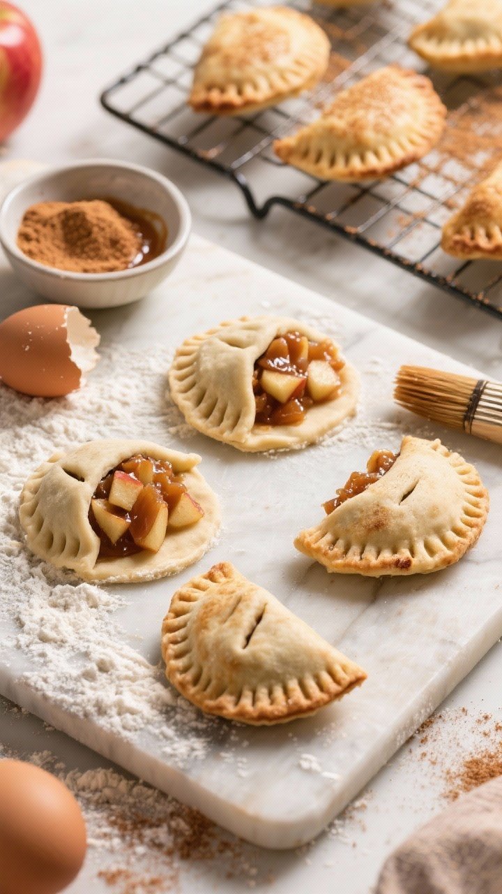 An overhead ingredient-to-final scene of apple butter mini hand pies: half assembled on a floured board, some sealed with crimped edges and slashed vents, others showing the apple butter and finely diced apple filling. A small bowl of cinnamon sugar for finishing, an egg wash brush glistening, and baked pies dusted with cinnamon sugar on a cooling rack. Warm, inviting light, no people.