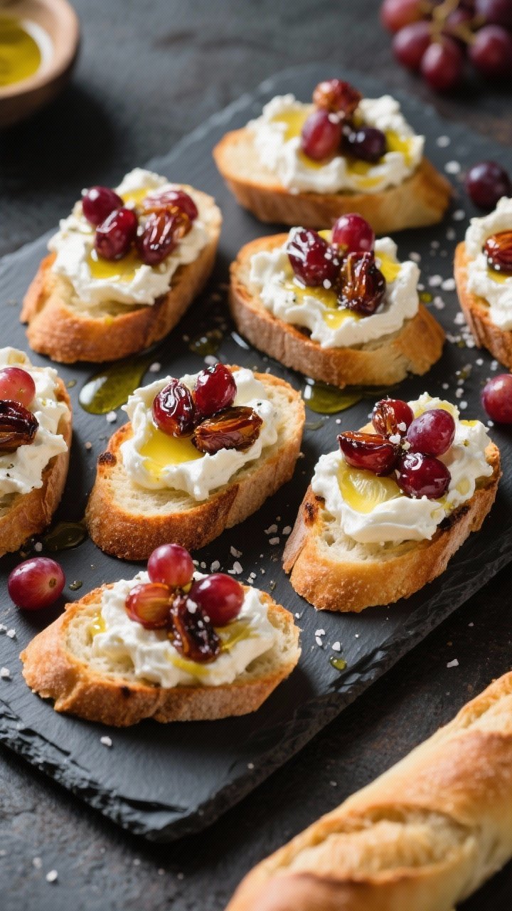 15 Thanksgiving Recipes That Wow Guests (from Appetizers to Pies) 11 An overhead platter of whipped feta and roasted grape crostini: baguette slices brushed with olive oil and toasted, topped with cloud-like whipped feta (with Greek yogurt and lemon), crowned with blistered red grapes glazed in balsamic; a pinch of salt sparkling; drizzles of olive oil; set on a slate board for vivid contrast.
