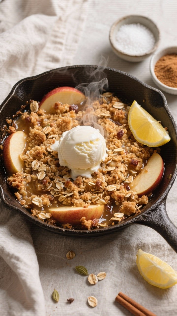 An overhead shot of a cast-iron skillet filled with brown butter apple crisp, the oat streusel deeply golden with visible cinnamon and cardamom specks. Juicy sliced apples bubbling at the edges, a lemon wedge off to the side, bowls of granulated sugar, brown sugar, and cornstarch nearby. Served with a scoop of melting vanilla ice cream at center, steam rising, cozy neutral linens.