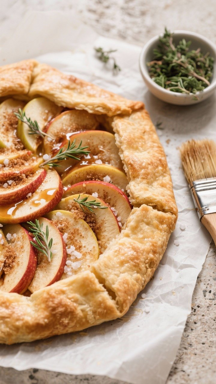 An overhead shot of a rustic maple apple galette on parchment: thinly fanned apple slices sprinkled with granulated and brown sugar, cinnamon, and a pinch of salt, tucked into a flaky folded pastry. Fresh thyme leaves scattered on top, maple glaze brushed for sheen, a small bowl of chopped thyme and a pastry brush to the side. Warm, natural light on a stone surface.