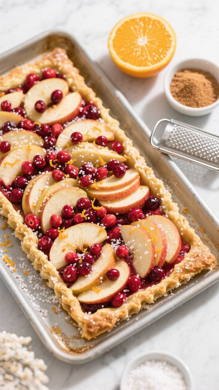 An overhead shot of an apple cranberry slab pie on a sheet pan: ruby cranberries and tender apple slices under a golden crust, edges crimped, coarse sugar sprinkled on top with faint orange zest sparkle. A zester and fresh orange off to the side, bowls of granulated and brown sugar plus cornstarch nearby. Clean lines, vibrant reds, bright natural light.