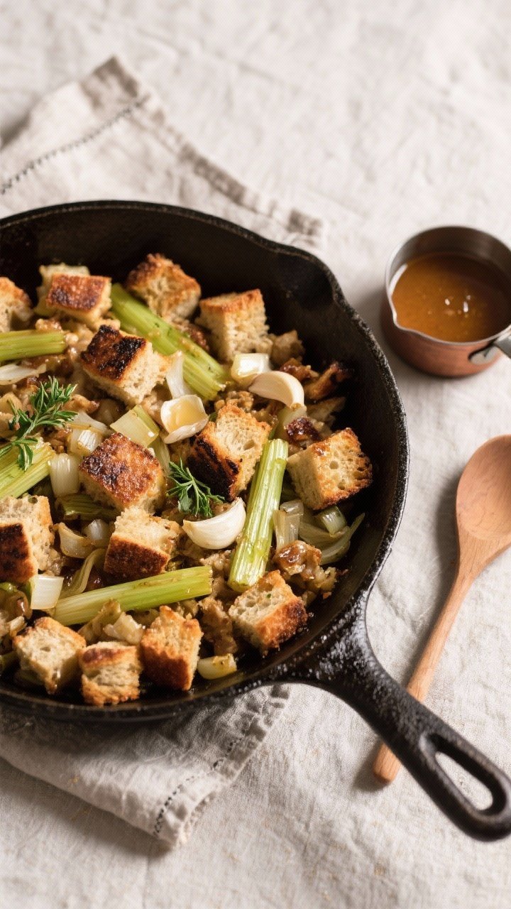 15 Thanksgiving Recipes That Wow Guests (from Appetizers to Pies) 2 An overhead shot of rustic brown butter sourdough stuffing in a cast-iron skillet, toasted cubes of day-old sourdough nestled with silky leeks, celery, diced onion, and garlic; glistening from browned butter with charred edges; garnished with fresh herbs; a wooden spoon and a small saucepan of nutty brown butter at the side on a linen-draped table.