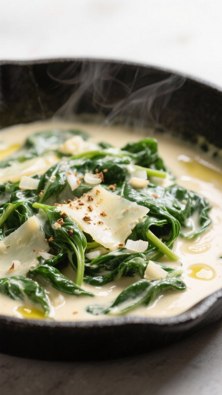 Close-up, 45-degree angle of ultra-creamy three-cheese creamed spinach in a shallow skillet: wilted baby spinach folded into a lush sauce with visible strands of melted cheeses, gentle sheen from butter and olive oil; finely chopped onion and minced garlic integrated, a whisper of grated nutmeg dusted on top; small ripples and glossy pools in the sauce, subtle steam, neutral backdrop to emphasize deep green and cream tones.