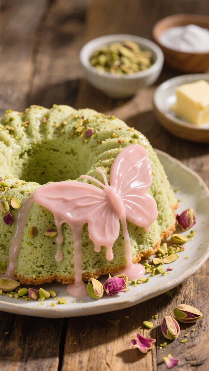 13 Creative Butterfly Cake Ideas to Spark Your Baking Passion 7 Close-up 45-degree shot of a pistachio-rose butterfly Bundt: pale green crumb speckled with finely ground pistachios, glossy rosewater glaze forming delicate “wing” drips over the ridges; crushed pistachio sprinkle and a few dried rose petals accent; include small bowls of ground pistachios, baking powder, and butter; warm, golden side light on a rustic wooden surface.