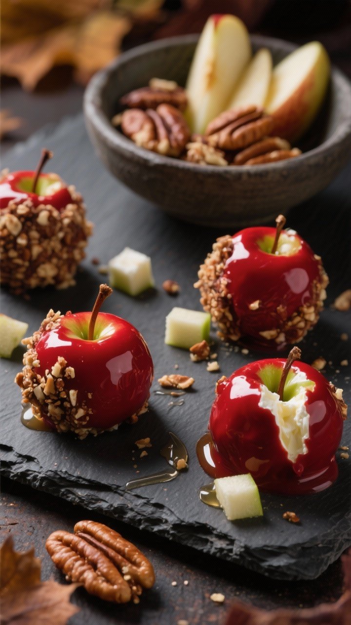 10 Halloween Appetizers for Party Adults That Bring Spooky-chic Flavor 10 Close-up, 45-degree shot of Poison Apple Goat Cheese Truffles: glossy crimson-coated goat cheese and cream cheese balls subtly sweetened with honey and kissed with apple cider vinegar, rolled in fine chopped pecan “gravel”; tiny dice of crisp apple (Honeycrisp or Granny Smith) tucked into the centers and used as garnish; arranged on a slate board with a small bowl of extra pecans and apple slices, moody autumn lighting.
