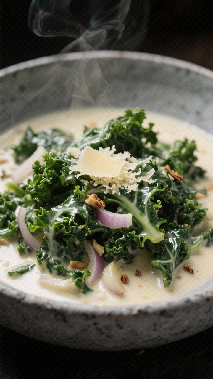 Close-up bowl of creamed kale: curls of lacinato and curly kale coated in a glossy, thick cream sauce, with visible grated Parmesan melt and a hint of nutmeg; sautéed onion and minced garlic bits peeking through, served in a stone-gray bowl, gentle steam, moody light emphasizing velvety texture.