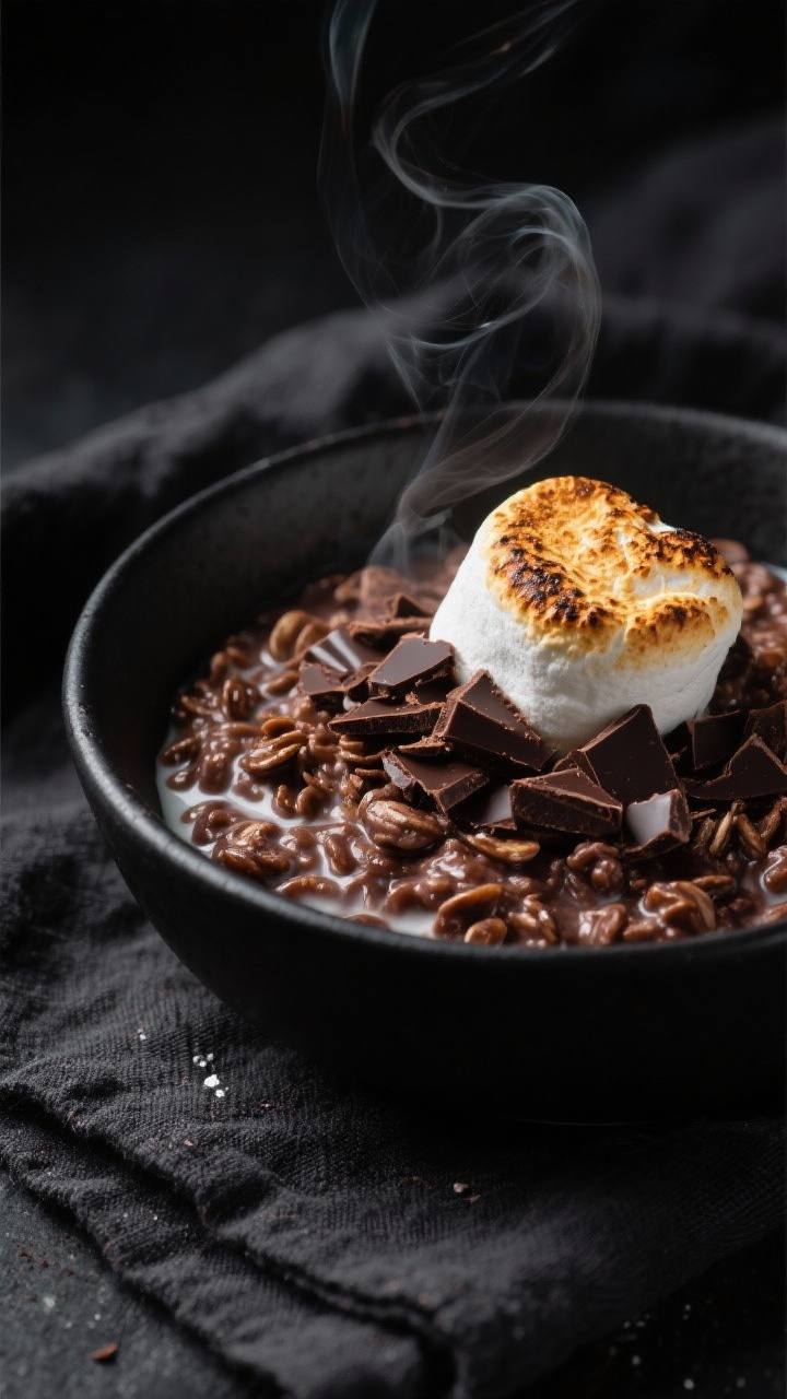 Close-up bowl of midnight cocoa oatmeal: deeply chocolatey oats made with milk, cocoa powder, maple/brown sugar, vanilla, pinch of salt; crowned with a torched, golden-toasted marshmallow cap, shards of dark chocolate melting into the surface; subtle steam, black ceramic bowl on a charcoal linen for moody nighttime allure.