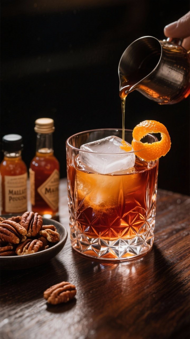 8 Thanksgiving Signature Cocktails That’ll Steal the Dinner Conversation 3 Close-up detail of a Maple Pecan Old Fashioned swirling in a cut-crystal rocks glass: deep copper hue, a large clear ice cube, orange oils expressed over the drink with a tight orange peel twist perched on the rim; two dashes’ worth of pecan bitters bottle nearby, a small dish of toasted pecans for garnish; maple syrup drizzling from a tiny pitcher catching the light; dark walnut surface, dramatic side lighting to emphasize texture and reflections.