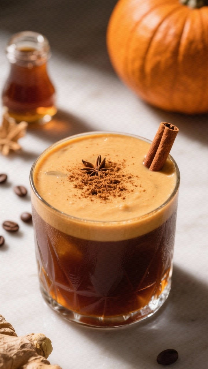 8 Thanksgiving Punch With Alcohol You’ll Want to Sip All Weekend 8 Close-up, lush final presentation of pumpkin punch royale: velvety blend of unsweetened pumpkin puree, cold apple cider, strong cold brew coffee, bourbon, maple syrup, ground cinnamon and ginger. Served in a low glass with a thick, creamy texture, topped with a dusting of freshly grated nutmeg and a cinnamon stick stirrer. Subtle coffee beans and a maple syrup jar in background, warm directional light emphasizing rich pumpkin-orange and espresso-brown tones, appetizing and indulgent.
