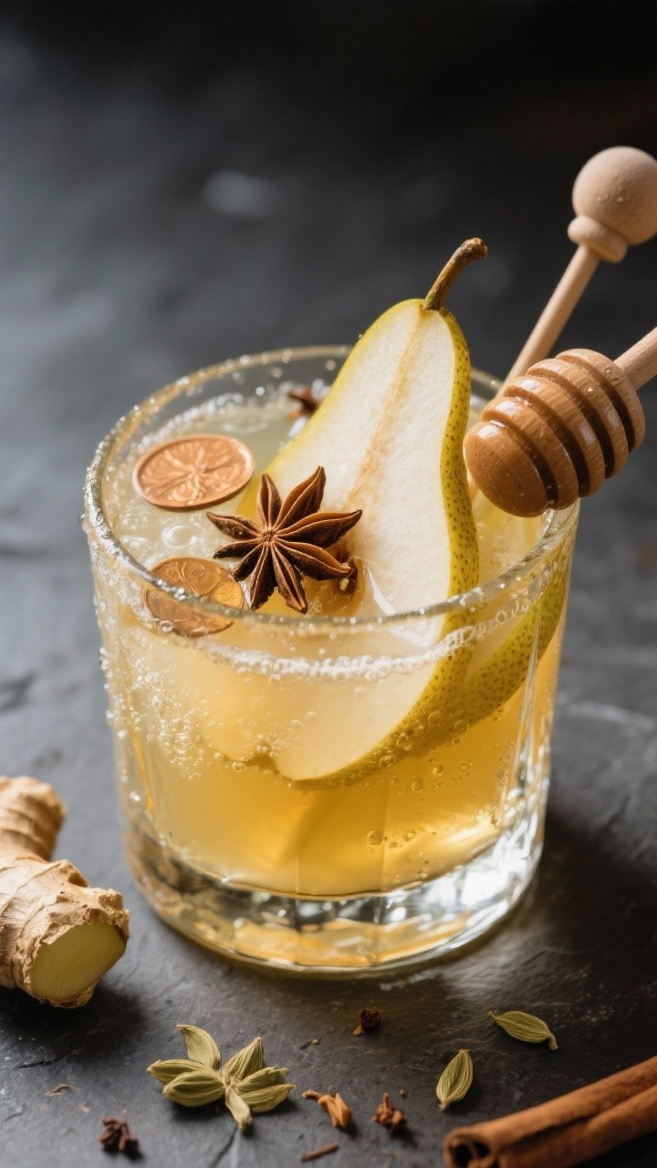 8 Thanksgiving Punch With Alcohol You’ll Want to Sip All Weekend 3 Close-up macro of a rocks glass of pear, ginger & rye harvest punch: pale golden pear nectar and rye whiskey with chilled dry hard cider bubbles, fresh lemon lift, honey sheen on the rim. Visible thin pear slices, a few coins of freshly sliced ginger, and toasted whole spices (star anise, cracked cardamom, cinnamon) floating delicately. Moody harvest lighting, matte slate surface with honey dipper and ginger knob, crisp condensation for tactile texture.
