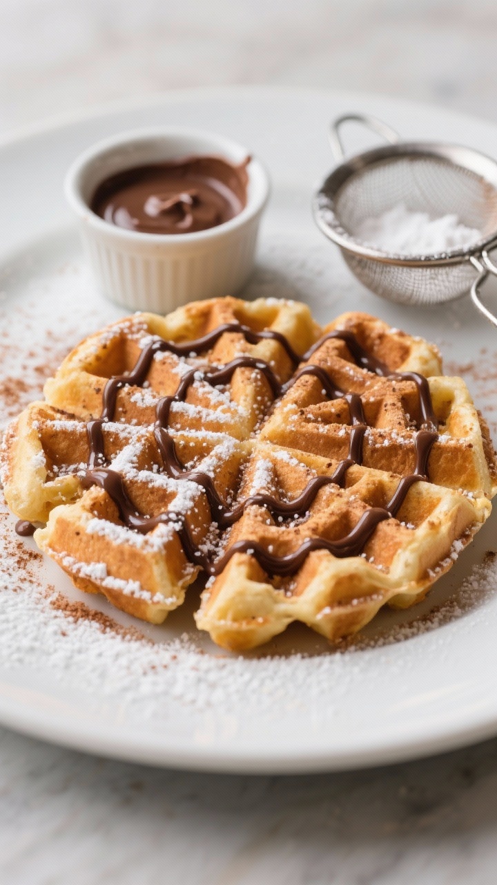 Close-up macro of cinnamon-sugar “spider web” waffles: crisp golden waffle quarters dusted with powdered sugar, delicate chocolate syrup piped into a spider web pattern across the surface, cinnamon speckling visible; served on a matte white plate with a small ramekin of melted chocolate and a sieve with powdered sugar nearby.