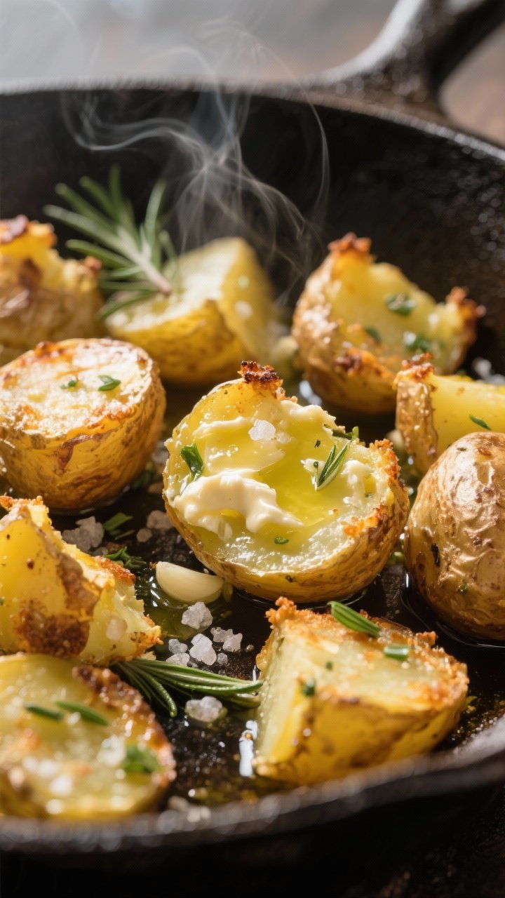 Close-up macro of crispy smashed baby Yukon Gold potatoes on a cast-iron skillet: deeply golden, craggy edges with visible crunch, glistening in olive oil and garlic herb butter; flecks of minced garlic and chopped fresh rosemary embedded in the butter, coarse kosher salt crystals catching light, steam rising subtly, high-detail texture focus.