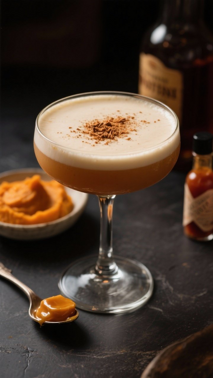 8 Thanksgiving Signature Cocktails That’ll Steal the Dinner Conversation 7 Close-up, moody portrait of a Brown Butter Pumpkin Flip in a stemmed coupe: ultra-silky, velvety surface with a light nutty sheen, micro-grated nutmeg dusting centered; warm caramel coloring from brown butter syrup and aged rum/bourbon, thick body from pumpkin puree, cream, and whole egg; a small dish of pumpkin puree, a pat of browned butter in a spoon, and a bottle of bitters out of focus; low, cozy lighting to highlight richness.