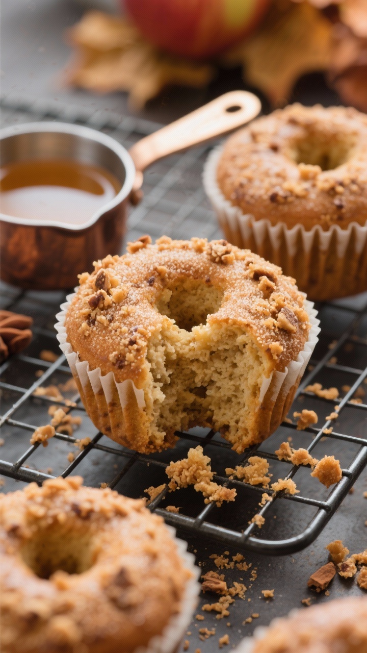 Close-up of apple cider donut muffins: domed muffin tops with cinnamon crumble and a light cinnamon-sugar coating, fine nutmeg flecks; cross-section showing tender crumb perfumed with reduced apple cider; set on a cooling rack with a small saucepan of cider reduction and scattered crumbs, cozy autumn styling.