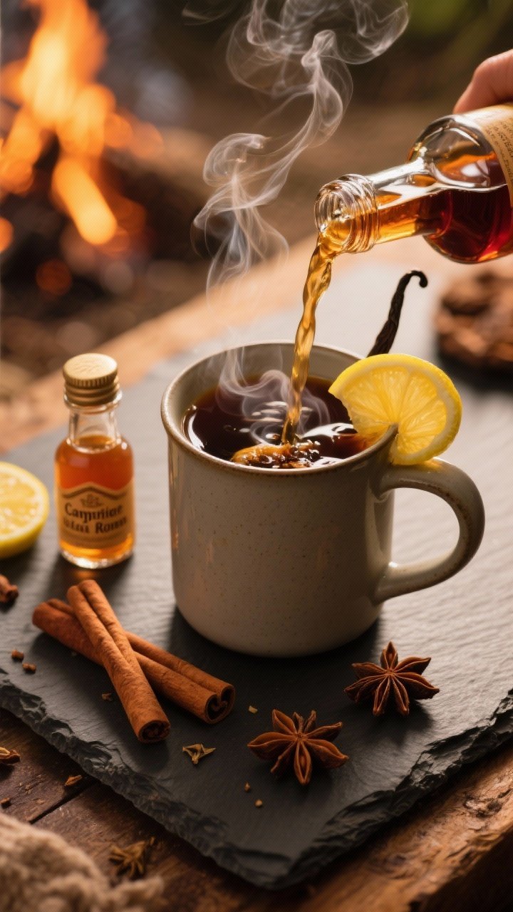 8 Thanksgiving Signature Cocktails That’ll Steal the Dinner Conversation 5 Cozy overhead ingredient-and-process shot for a Campfire Chai Rum Toddy: steaming mug filled with strong hot chai tea, dark or spiced rum being poured in a gentle stream, a vanilla syrup vial, lemon wedge ready to squeeze, a dash bottle of aromatic bitters, and cinnamon sticks and star anise scattered around; visible curls of steam, matte ceramic mug, slate board base, warm amber lighting that implies campfire comfort.