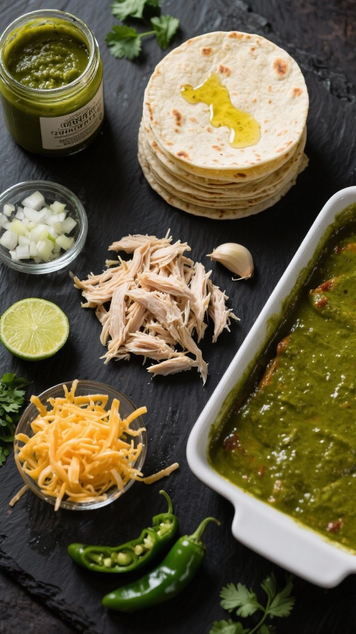 Ingredient-prep overhead for Ghoulish Green Chili Chicken Enchiladas: neat mise en place on a dark slate—shredded chicken, stack of corn tortillas brushed with vegetable oil, finely chopped onion, minced garlic, an open can/jar of green enchilada sauce, shredded cheese, and sliced green chilies. A baking dish partially filled with a slick of sauce at the frame’s edge, lime wedges and cilantro scattered for color.