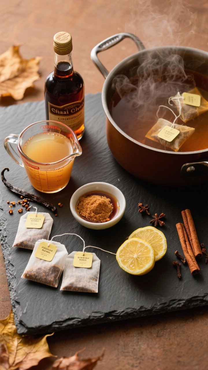 8 Thanksgiving Punch With Alcohol You’ll Want to Sip All Weekend 7 Ingredients and prep shot, overhead: chai-spiced rum & cider punch components neatly arranged on a dark slate board—apple cider in a measuring jug, four chai tea bags, a bottle of dark rum, a split vanilla bean with seeds scraped, brown sugar or maple syrup in a small bowl, fresh lemon halves. To the side, a saucepan with steaming cider and chai bags steeping, cinnamon sticks and whole cloves optional. Warm, aromatic steam visible, cozy autumn palette, clean labels turned away.