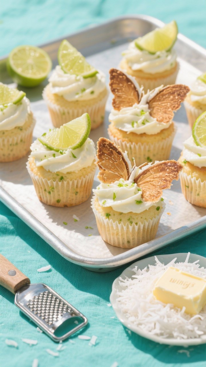 13 Creative Butterfly Cake Ideas to Spark Your Baking Passion 8 Overhead cupcake tray of coconut-lime butterfly cupcakes: coconut-lime sponge with lime zest-flecked frosting, toasted coconut “wings” perched on top; visible lime halves and microplane, a small mound of shredded coconut, and softened butter nearby; bright, beachy vibe with sunlit highlights and a teal linen.