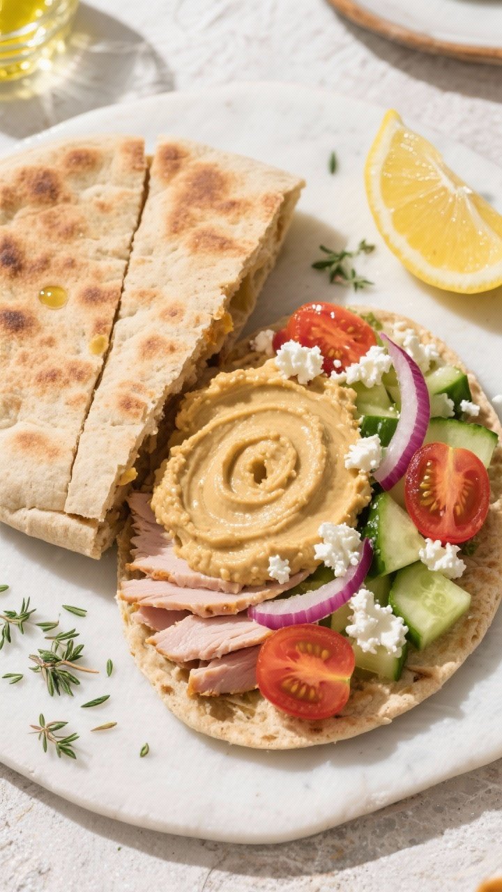 Overhead flat lay of a Mediterranean turkey pita assembly: a large whole wheat pita warmed and halved, one half filled and one open showing layers—hummus swirled (3 tbsp), chopped/sliced turkey (4 oz), diced cucumber (1/3 cup), halved cherry tomatoes (1/4 cup), crumbled feta (2 tbsp), and thin red onion slices (1 tbsp); scattered oregano, lemon wedge, and olive oil sheen; bright, sunlit Mediterranean palette.