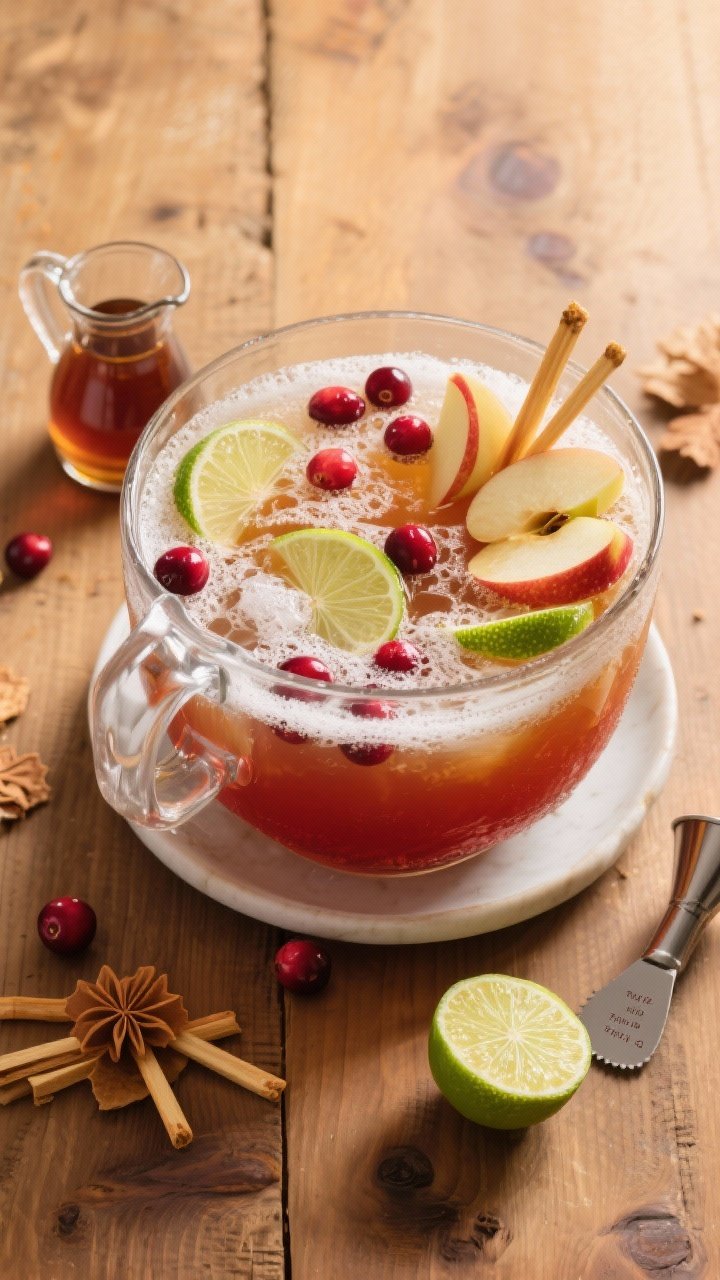 8 Thanksgiving Punch With Alcohol You’ll Want to Sip All Weekend 4 Overhead flat lay of an entertaining-ready Maple Cran-Apple Rum Punch setup: clear punch bowl with apple cider and cranberry juice cocktail base, white rum shimmer, pure maple syrup, fresh lime juice, topped last-minute with chilled club soda for gentle fizz. Garnished with matchstick apples and floating lime wheels. Surrounding props include a small maple syrup pitcher, a sliced lime, and a measuring jigger. Friendly, bright Friendsgiving mood, warm wood background, clean, inviting styling.