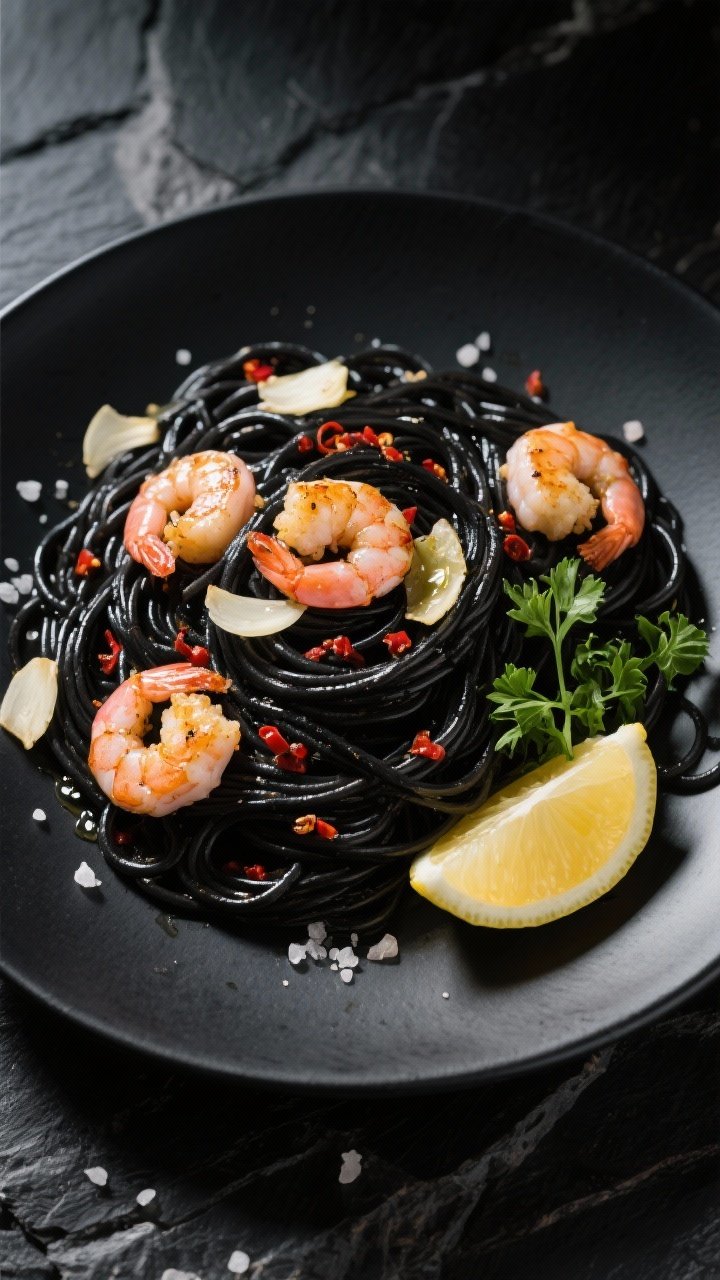 Overhead flat lay of Black Magic squid ink pasta with garlic shrimp: inky black spaghetti tangled with pink-gold shrimp seared in olive oil, thinly sliced garlic chips, red pepper flakes, and a splash of white wine reduction glistening on the noodles. Lemon wedges and chopped parsley for brightness on a matte black plate set on a dark stone surface, dramatic shadows, sea-salt crystals visible.