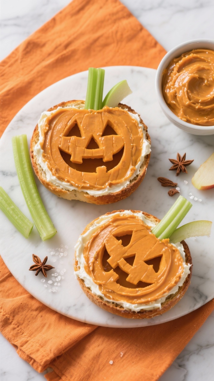 Overhead flat lay of jack-o’-lantern bagel halves toasted, spread with silky pumpkin spice cream cheese (cream cheese whipped with pumpkin purée, maple syrup, pumpkin pie spice, pinch of salt), carved jack-o’-lantern faces cut from the spread; green apple sticks or celery tops as “stems,” arranged on an orange linen over a marble surface, small bowl of extra spread visible.