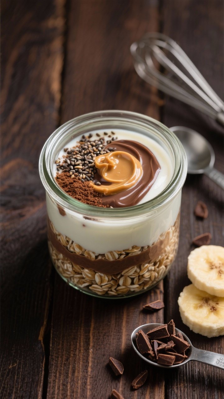 Overhead ingredient/prep shot: Chocolate peanut butter protein overnight oats before chilling—rolled oats in a glass jar, milk (dairy or soy), Greek yogurt, chocolate protein powder dusted on top, chia seeds sprinkled, and a swirl of natural peanut butter creating marbled ribbons. Cocoa nibs and banana slices optional on the side, a small whisk and measuring spoons present. Dark wood background for contrast, rich chocolatey browns and creamy neutrals, clean and inviting.