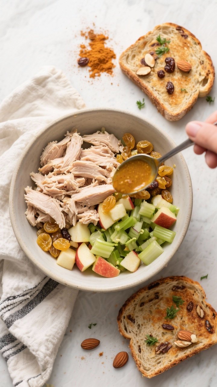 Overhead ingredient-to-bowl transition shot for curried turkey salad on toasted almond-raisin bread: a mixing bowl with chopped cooked turkey (1 1/2 cups), diced celery (1/3 cup), diced crisp apple (1/3 cup), golden raisins (optional, 2 tbsp), curry dressing being spooned in; beside it, two slices of almond- or cinnamon-raisin bread toasted, ready for assembling; warm spice tones, scattered curry powder pinch and chopped herbs for garnish.